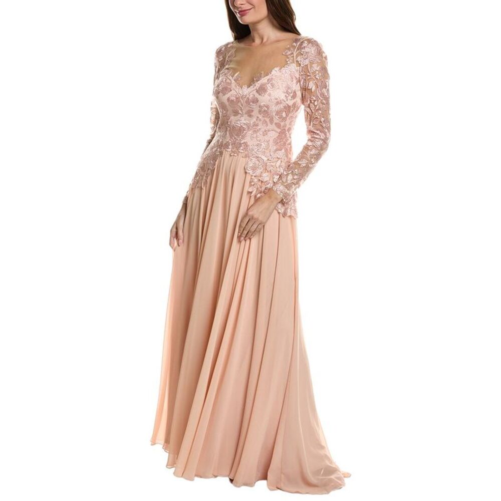 Tadashi Shoji Womens Long Sleeve Embroidered Maxi Dress, Pink